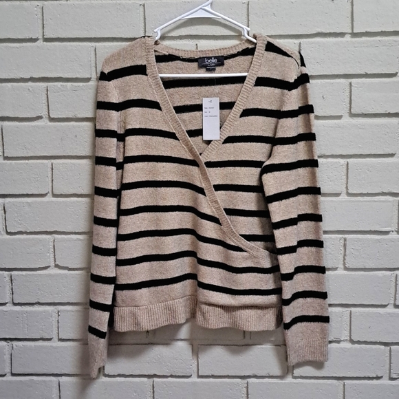 Belle Tan/Black Striped Criss Cross V-Neck Sweater. Size Large NWT - Picture 11 of 11